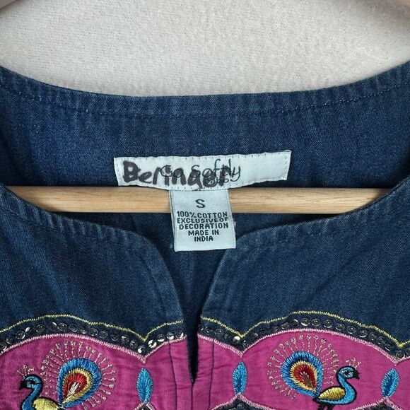 Go Softly Patio Embroidered Peacock Floral Denim Dress Size S Cotton Grandmacore - Picture 6 of 9
